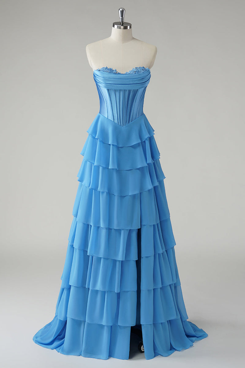 Load image into Gallery viewer, Blue Sweetheart Ruffled A Line Long Prom Dress