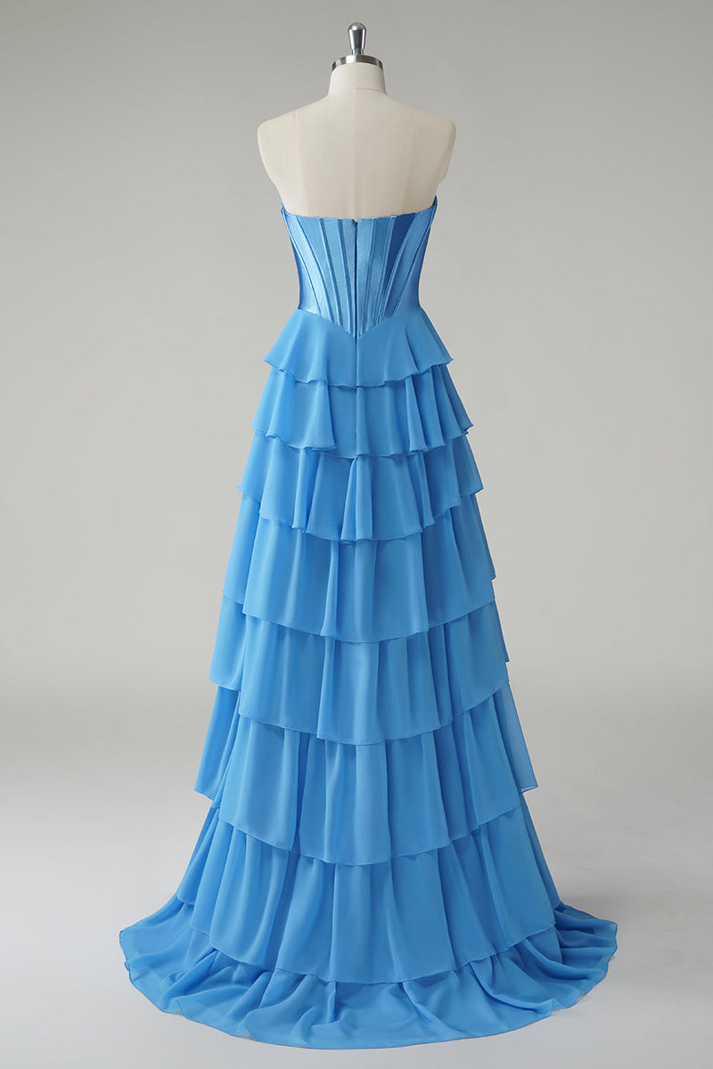 Load image into Gallery viewer, Blue Sweetheart Ruffled A Line Long Prom Dress