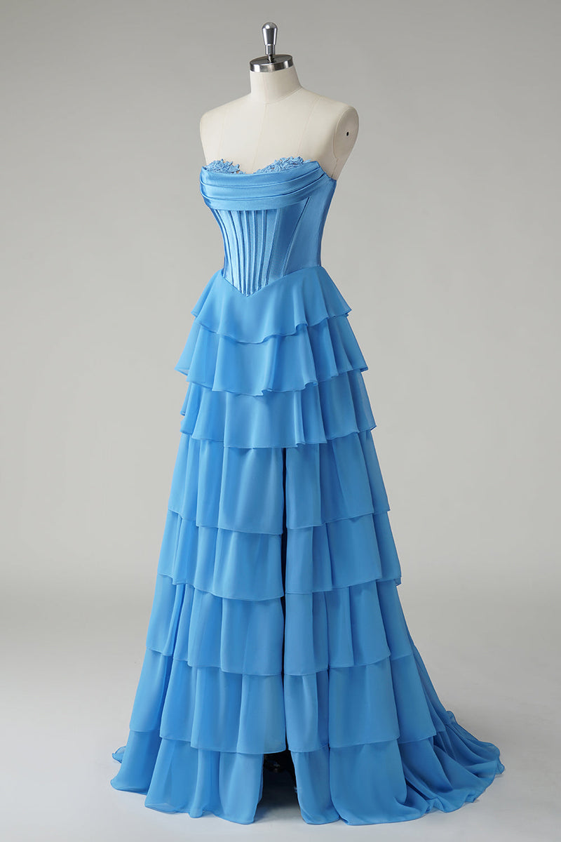 Load image into Gallery viewer, Blue Sweetheart Ruffled A Line Long Prom Dress