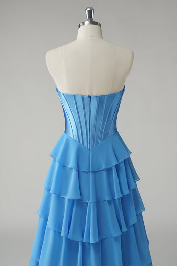 Blue Sweetheart Ruffled A Line Long Prom Dress