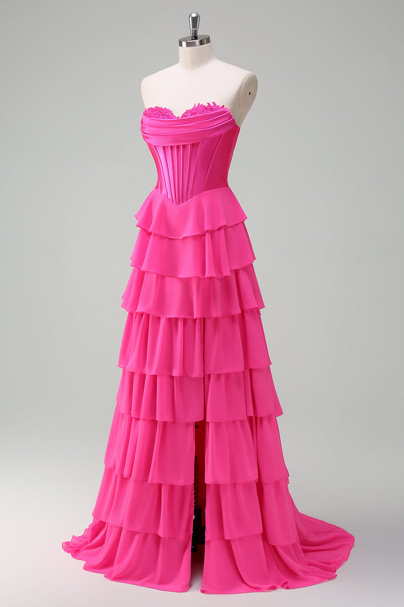 Load image into Gallery viewer, Fuchsia A Line Strapless Corset Tiered Prom Dress with Ruffles