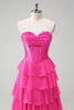 Load image into Gallery viewer, Fuchsia A Line Strapless Corset Tiered Prom Dress with Ruffles