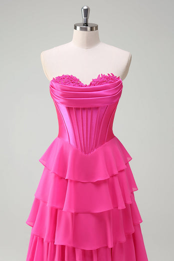 Fuchsia A Line Strapless Corset Tiered Prom Dress with Ruffles