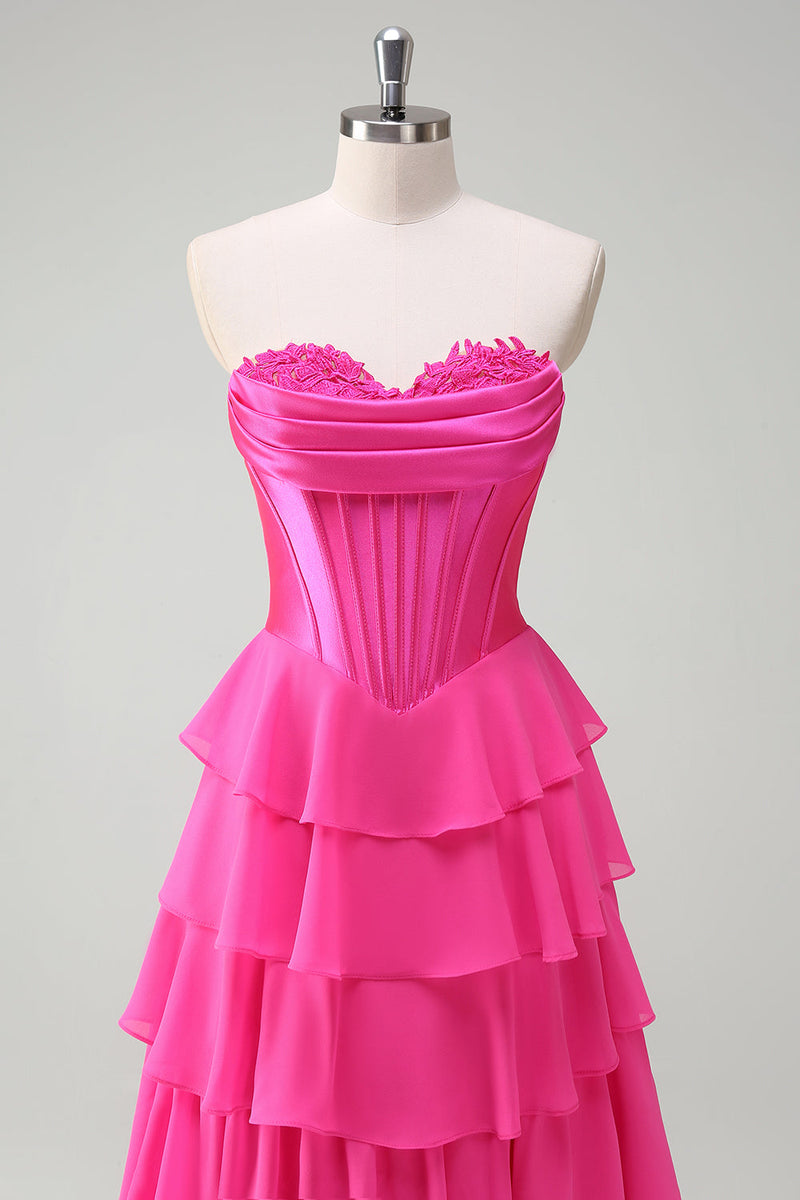 Load image into Gallery viewer, Fuchsia A Line Strapless Corset Tiered Prom Dress with Ruffles