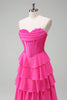 Load image into Gallery viewer, Fuchsia A Line Strapless Corset Tiered Prom Dress with Ruffles