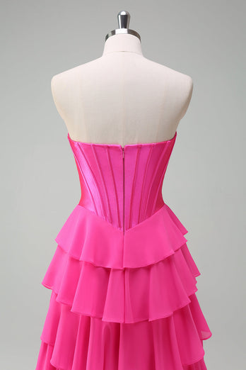 Fuchsia A Line Strapless Corset Tiered Prom Dress with Ruffles