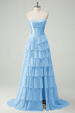 Blue Sweetheart Ruffled A Line Long Prom Dress