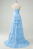 Blue Sweetheart Ruffled A Line Long Prom Dress