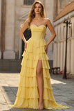 Yellow A Line Strapless Corset Tiered Prom Dress with Ruffles