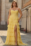 Yellow Strapless Basque Waist Tiered Ruffled A Line Long Plus Size Prom Dress with Slit