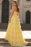Yellow Strapless Basque Waist Tiered Ruffled A Line Long Plus Size Prom Dress with Slit