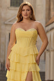 Yellow Strapless Basque Waist Tiered Ruffled A Line Long Plus Size Prom Dress with Slit