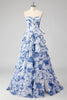 Load image into Gallery viewer, Blue White Flower A-Line Sweetheart Tiered Long Prom Dress with Slit