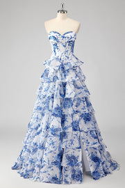 Blue White Flower A-Line Sweetheart Tiered Long Prom Dress with Slit