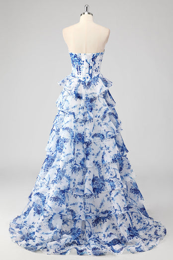 Blue White Flower A-Line Sweetheart Tiered Long Prom Dress with Slit