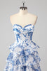 Load image into Gallery viewer, Blue White Flower A-Line Sweetheart Tiered Long Prom Dress with Slit