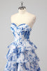 Load image into Gallery viewer, Blue White Flower A-Line Sweetheart Tiered Long Prom Dress with Slit