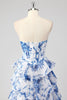 Load image into Gallery viewer, Blue White Flower A-Line Sweetheart Tiered Long Prom Dress with Slit