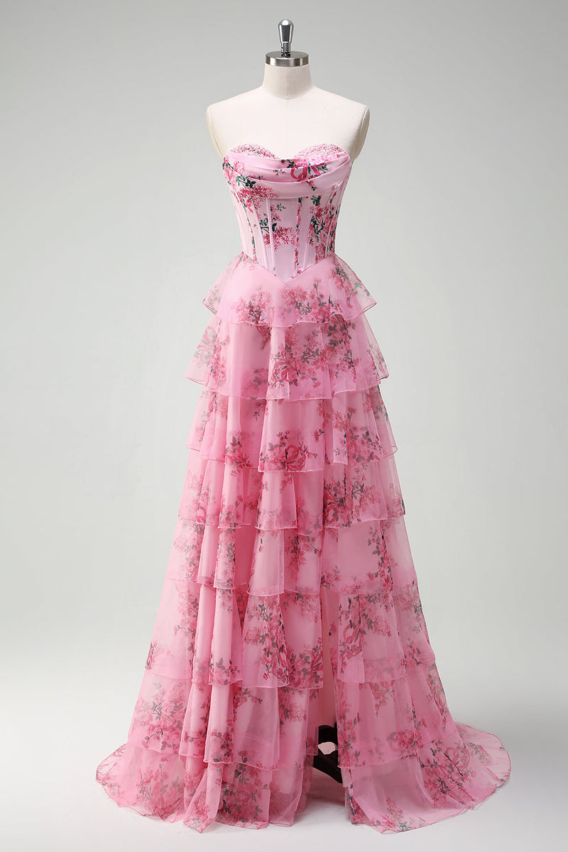 Load image into Gallery viewer, Blush Floral A Line Strapless Corset Tiered Prom Dress