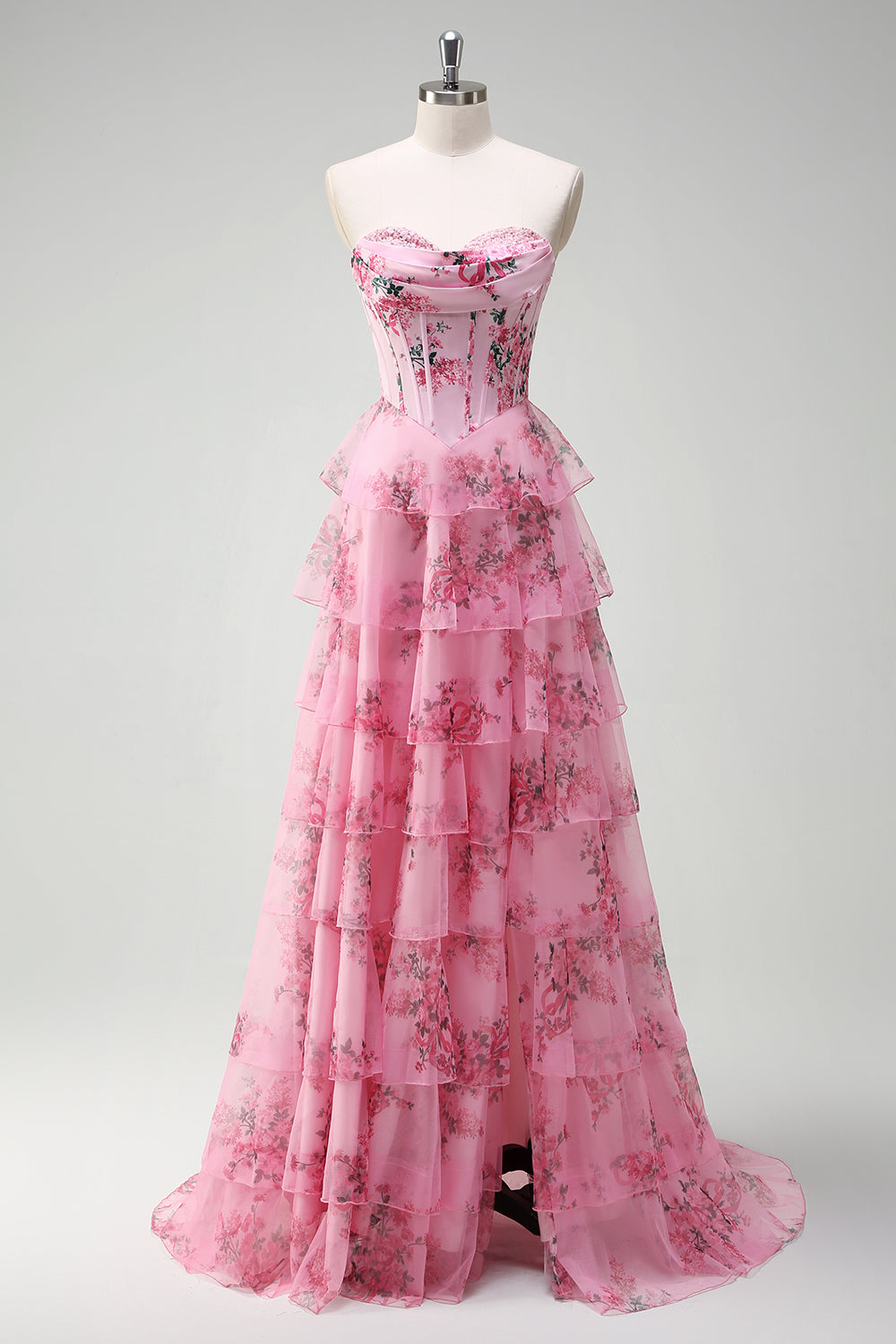 Blush Floral A Line Strapless Corset Tiered Prom Dress