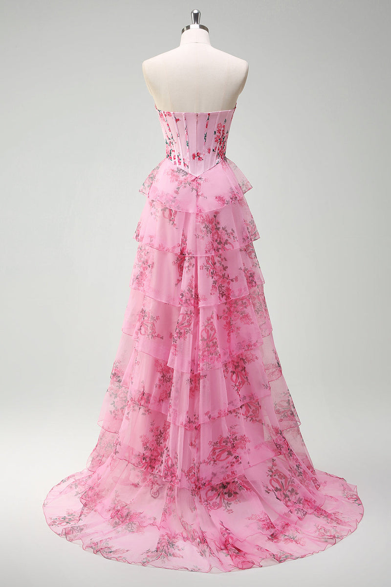 Load image into Gallery viewer, Blush Floral A Line Strapless Corset Tiered Prom Dress