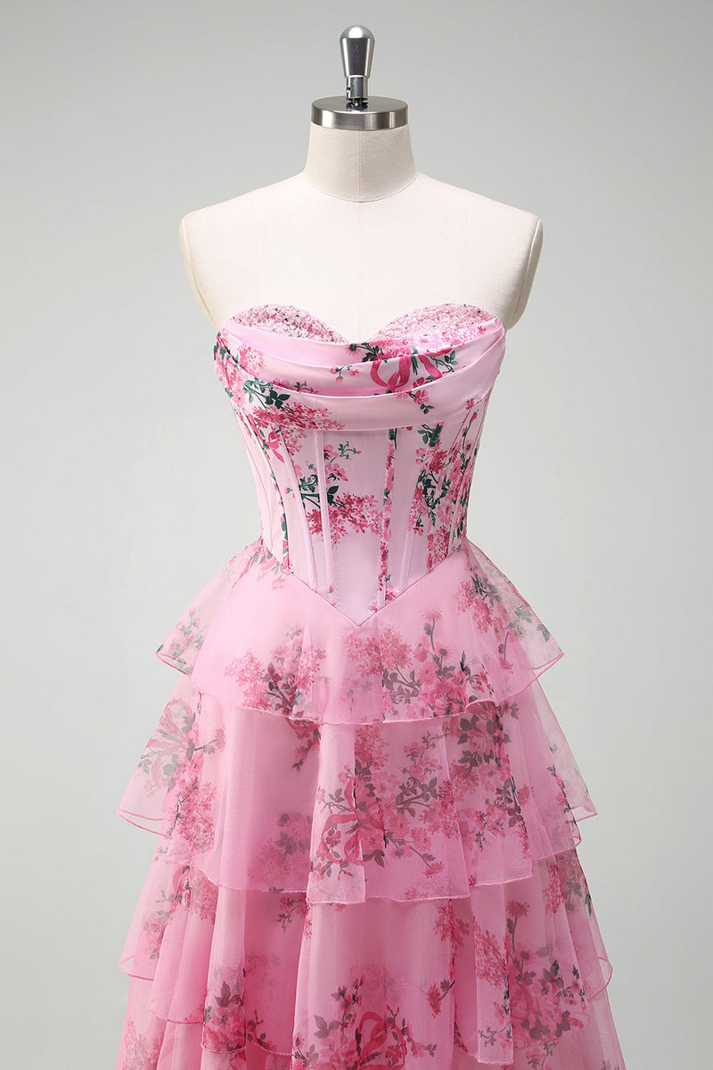 Load image into Gallery viewer, Blush Floral A Line Strapless Corset Tiered Prom Dress