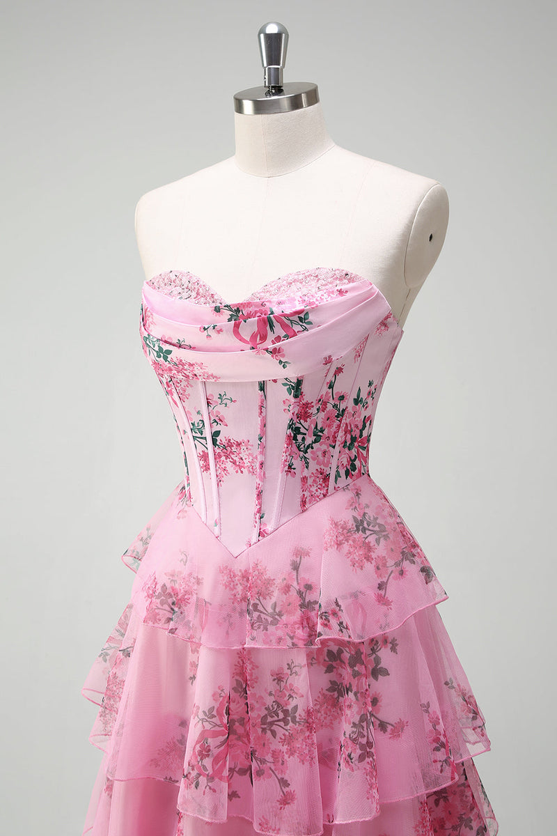 Load image into Gallery viewer, Blush Floral A Line Strapless Corset Tiered Prom Dress