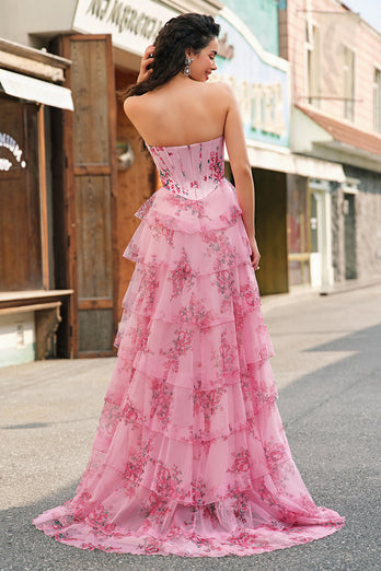 Floral A Line Strapless Corset Tiered Blush Prom Dress with Slit