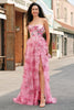 Load image into Gallery viewer, Floral A Line Strapless Corset Tiered Blush Prom Dress with Slit