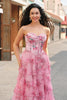 Load image into Gallery viewer, Floral A Line Strapless Corset Tiered Blush Prom Dress with Slit