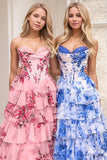 Floral A Line Strapless Corset Tiered Blush Prom Dress with Slit