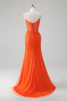 Orange Spaghetti Straps Beaded Corset Mermaid Prom Dress