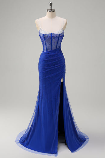 Royal Blue Corset Mermaid Slit Long Prom Dress with Beading