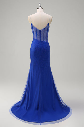 Royal Blue Corset Mermaid Slit Long Prom Dress with Beading