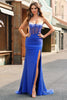 Load image into Gallery viewer, Royal Blue Corset Mermaid Slit Long Prom Dress with Beading