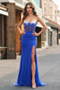 Load image into Gallery viewer, Royal Blue Corset Mermaid Slit Long Prom Dress with Beading