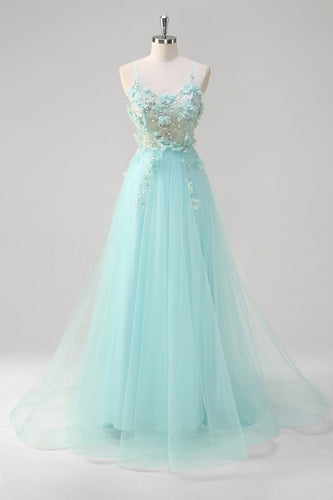 Green A Line Spaghetti Straps Sequin Tulle Prom Dress With 3D Flowers