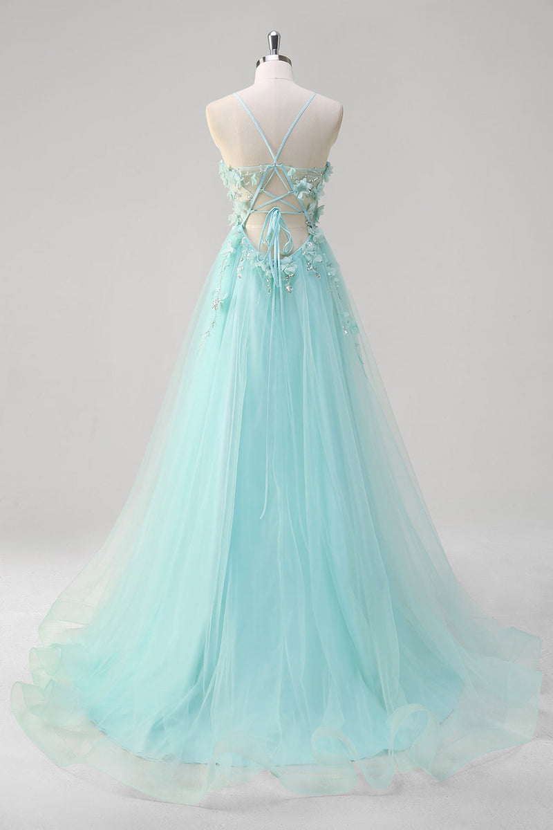 Load image into Gallery viewer, Green A Line Spaghetti Straps Sequin Tulle Prom Dress With 3D Flowers