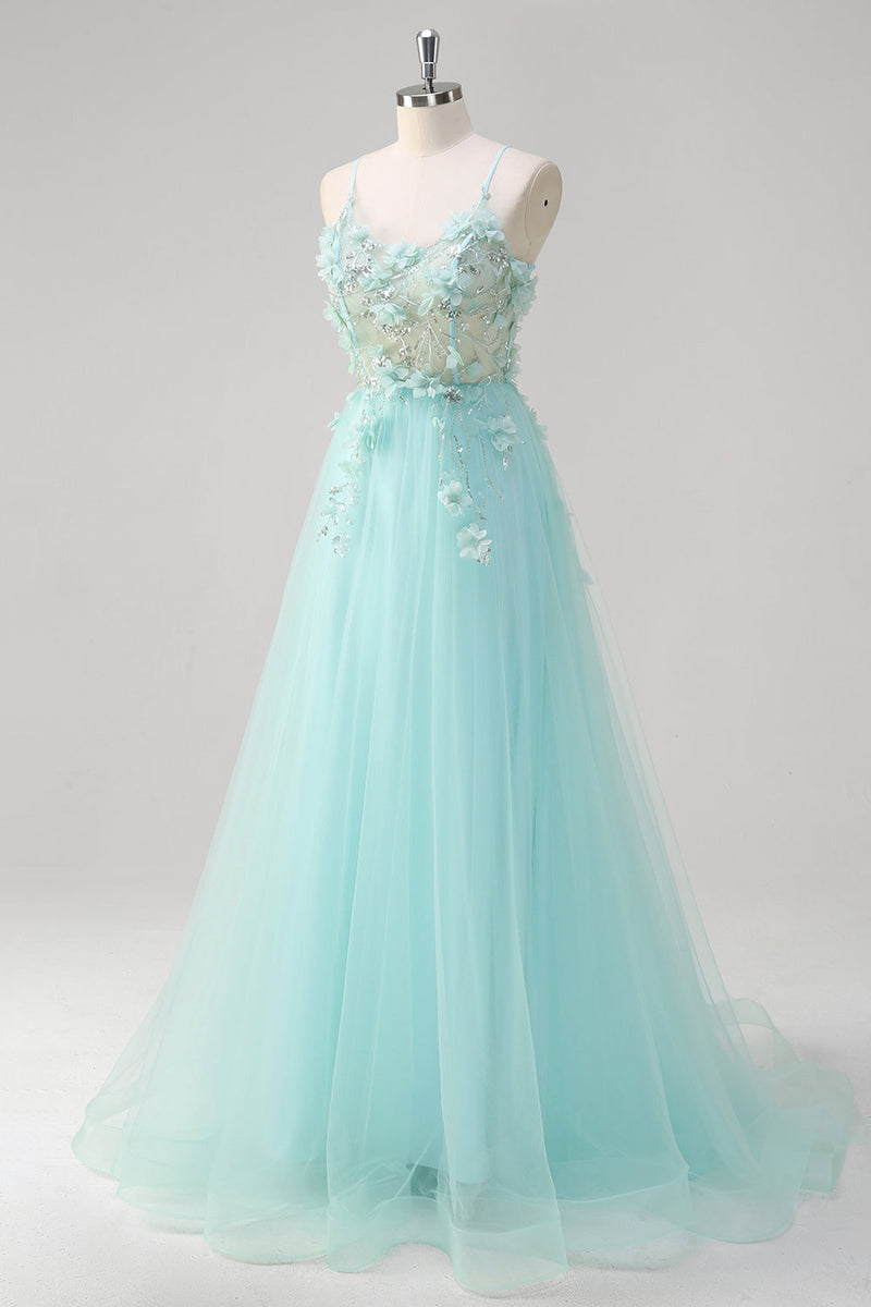 Load image into Gallery viewer, Green A Line Spaghetti Straps Sequin Tulle Prom Dress With 3D Flowers