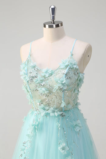 Green A Line Spaghetti Straps Sequin Tulle Prom Dress With 3D Flowers