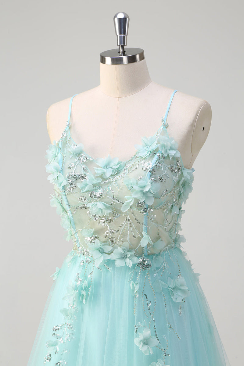 Load image into Gallery viewer, Green A Line Spaghetti Straps Sequin Tulle Prom Dress With 3D Flowers