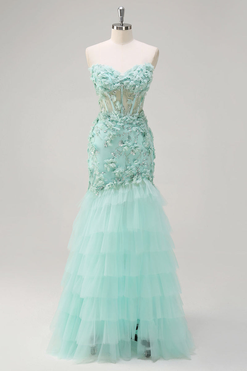 Load image into Gallery viewer, Green Mermaid Strapless Sheer Corset Ruffled Long Prom Dress with 3D Flowers