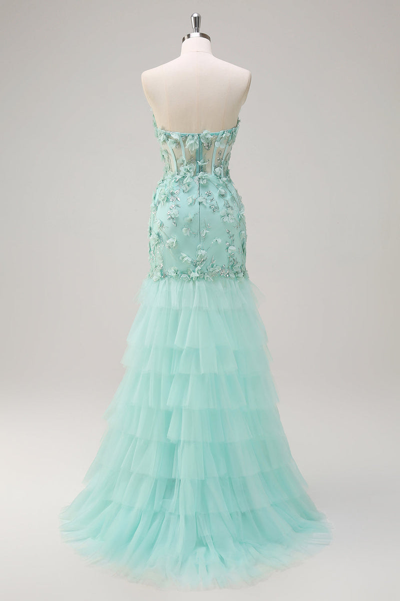 Load image into Gallery viewer, Green Mermaid Strapless Sheer Corset Ruffled Long Prom Dress with 3D Flowers