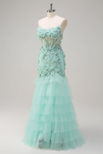 Green Mermaid Strapless Sheer Corset Ruffled Long Prom Dress with 3D Flowers