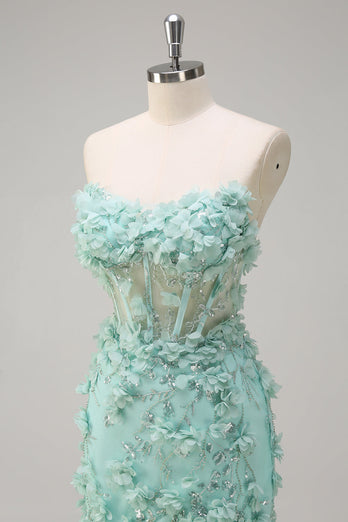 Green Mermaid Strapless Sheer Corset Ruffled Long Prom Dress with 3D Flowers