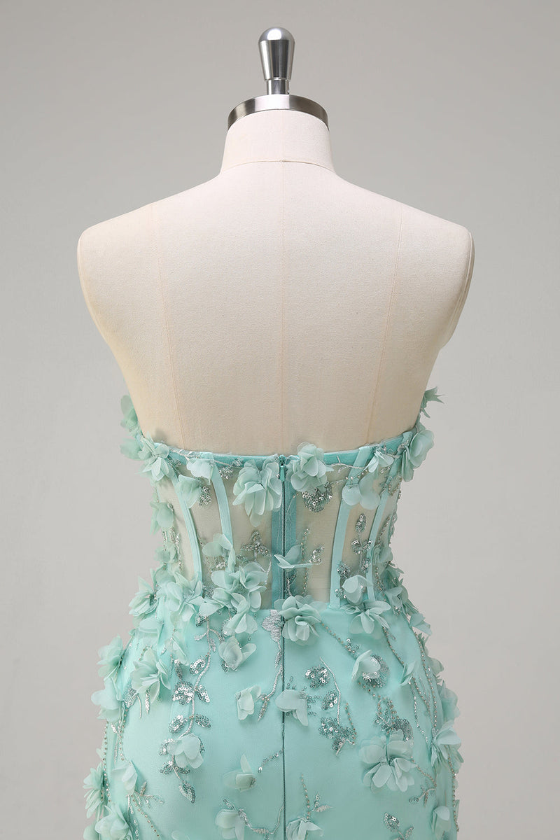 Load image into Gallery viewer, Green Mermaid Strapless Sheer Corset Ruffled Long Prom Dress with 3D Flowers