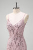 Load image into Gallery viewer, Sparkly Grey Pink Mermaid V-Neck Sequined Prom Dress with Lace Up Back