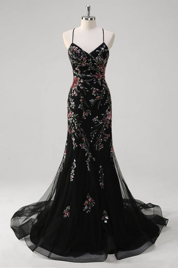 Black Mermaid Spaghetti Straps Appliqued Long Prom Dress With Sequins