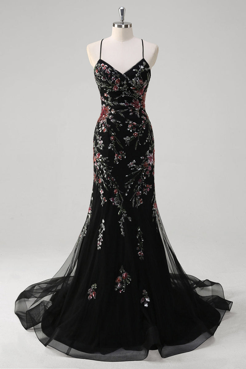 Load image into Gallery viewer, Black Mermaid Spaghetti Straps Appliqued Long Prom Dress With Sequins