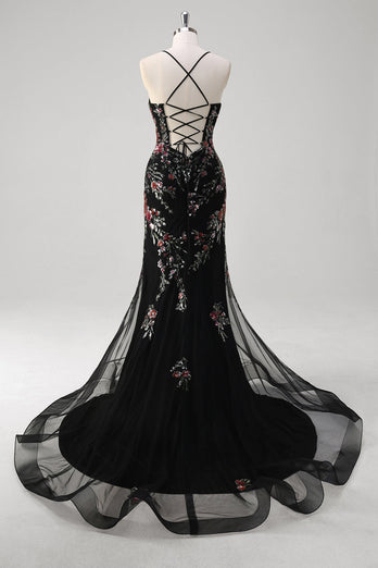 Black Mermaid Spaghetti Straps Appliqued Long Prom Dress With Sequins